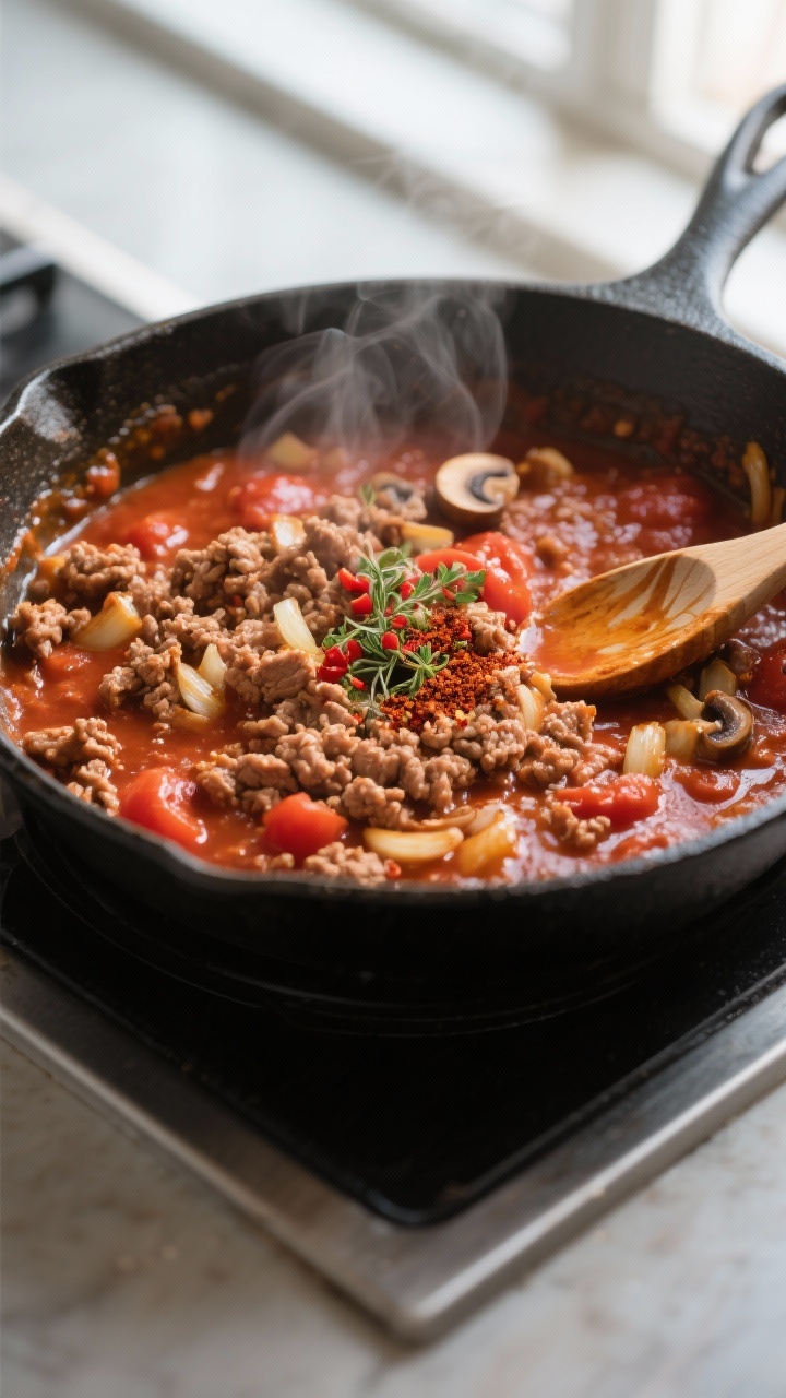 Cooking process, close-up detail: A large skillet of rich tomato-turkey sauce mid-simmer, showing br
