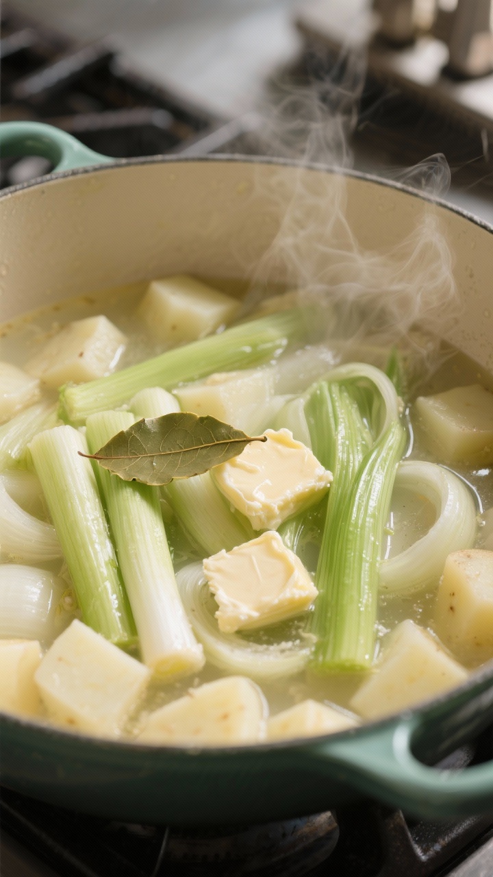 Cooking process of potato leek soup in a large dutch oven