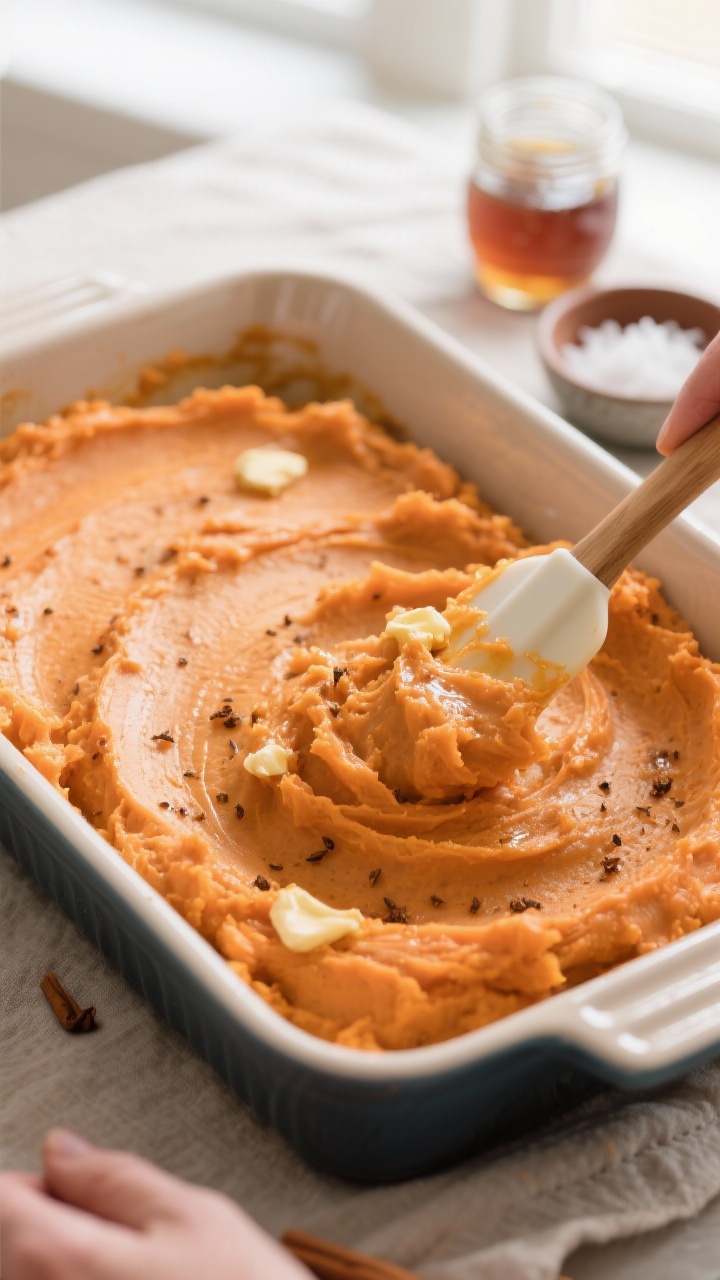 Cooking process, close-up detail: Close-up of mashed sweet potato base being smoothed in a greased 9