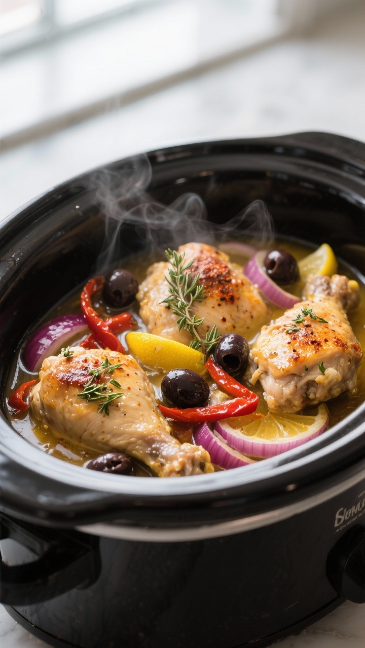 Cooking process of slow cooker greek chicken