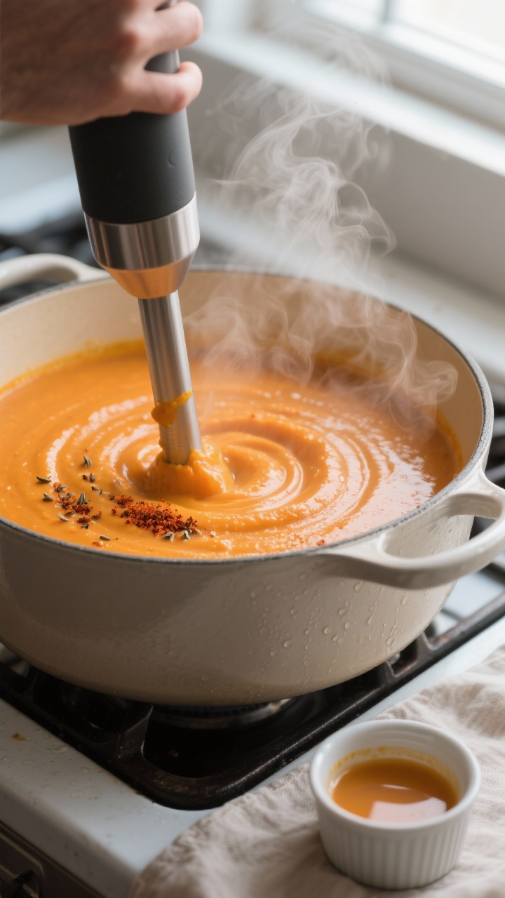 sweet potato soup blended in a dutch oven