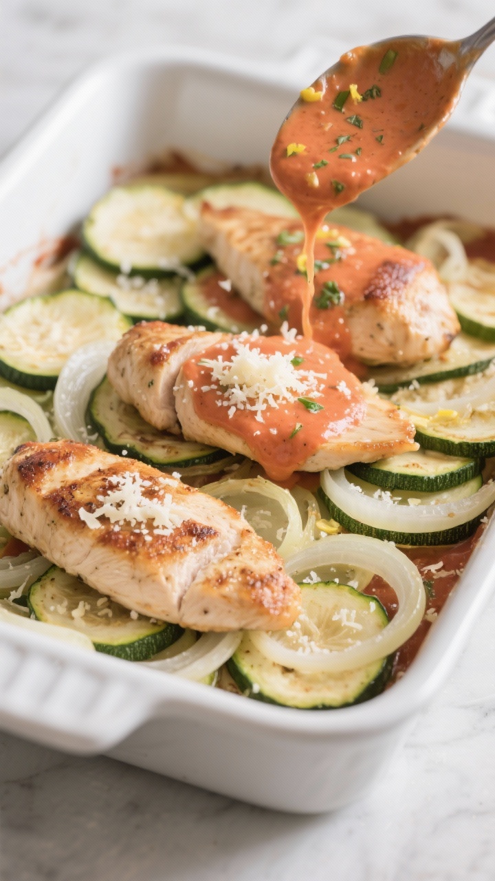Cooking process of baked chicken and zucchini casserole