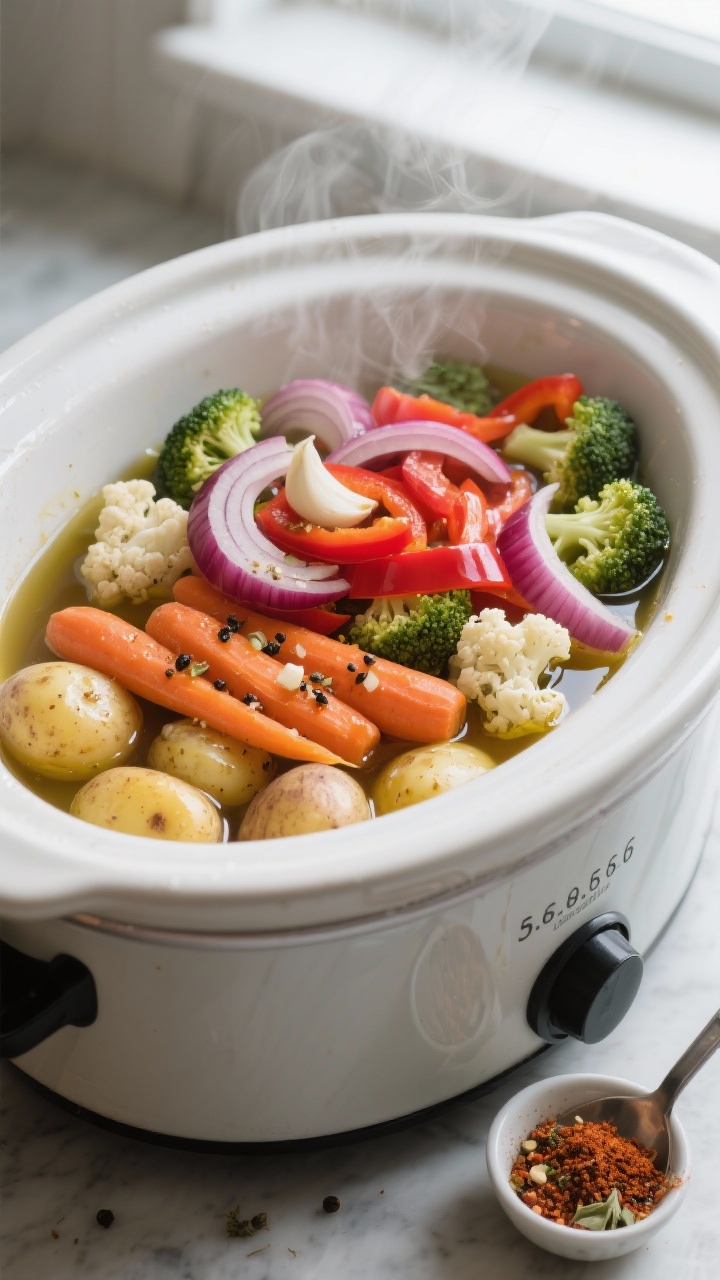 Cooking process, overhead: Overhead shot of a 5–6 quart slow cooker just after the first 2 hours o