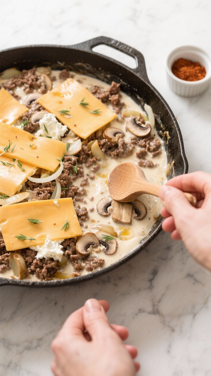 Cooking process: Overhead shot of the creamy beef-and-mushroom mixture in an oven-safe skillet right