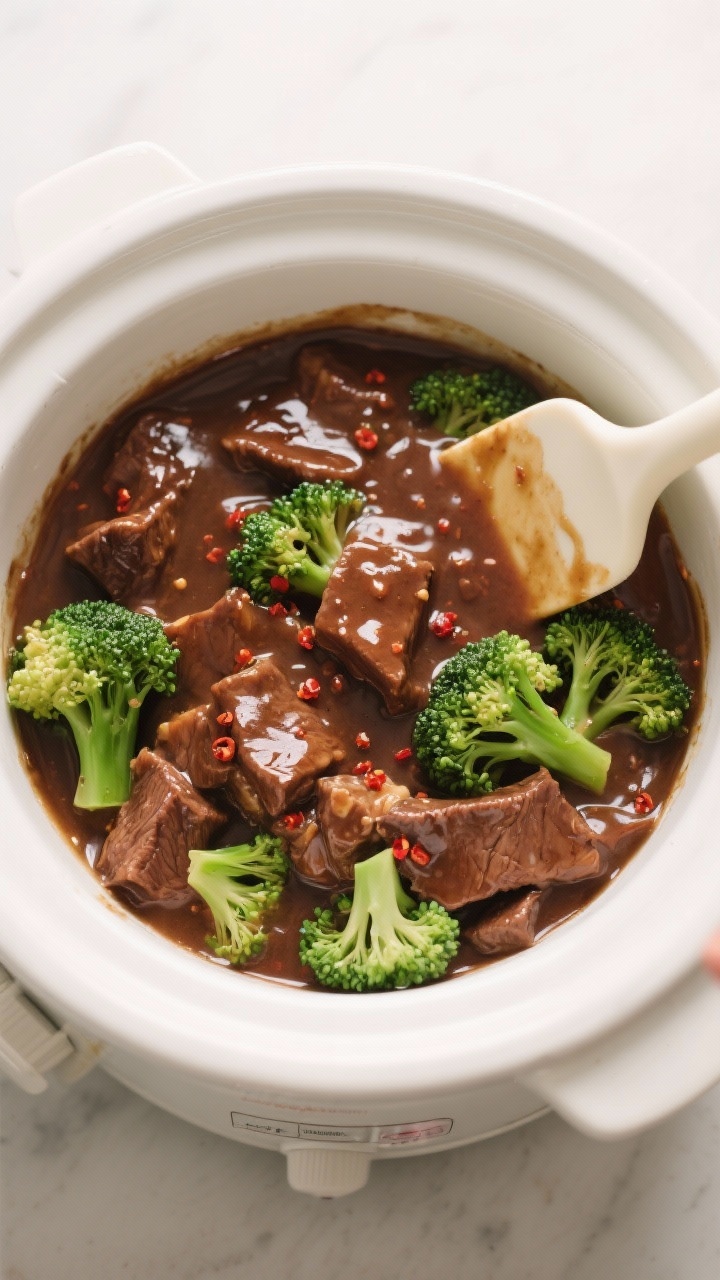 Cooking process: Overhead shot of slow cooker beef and broccoli