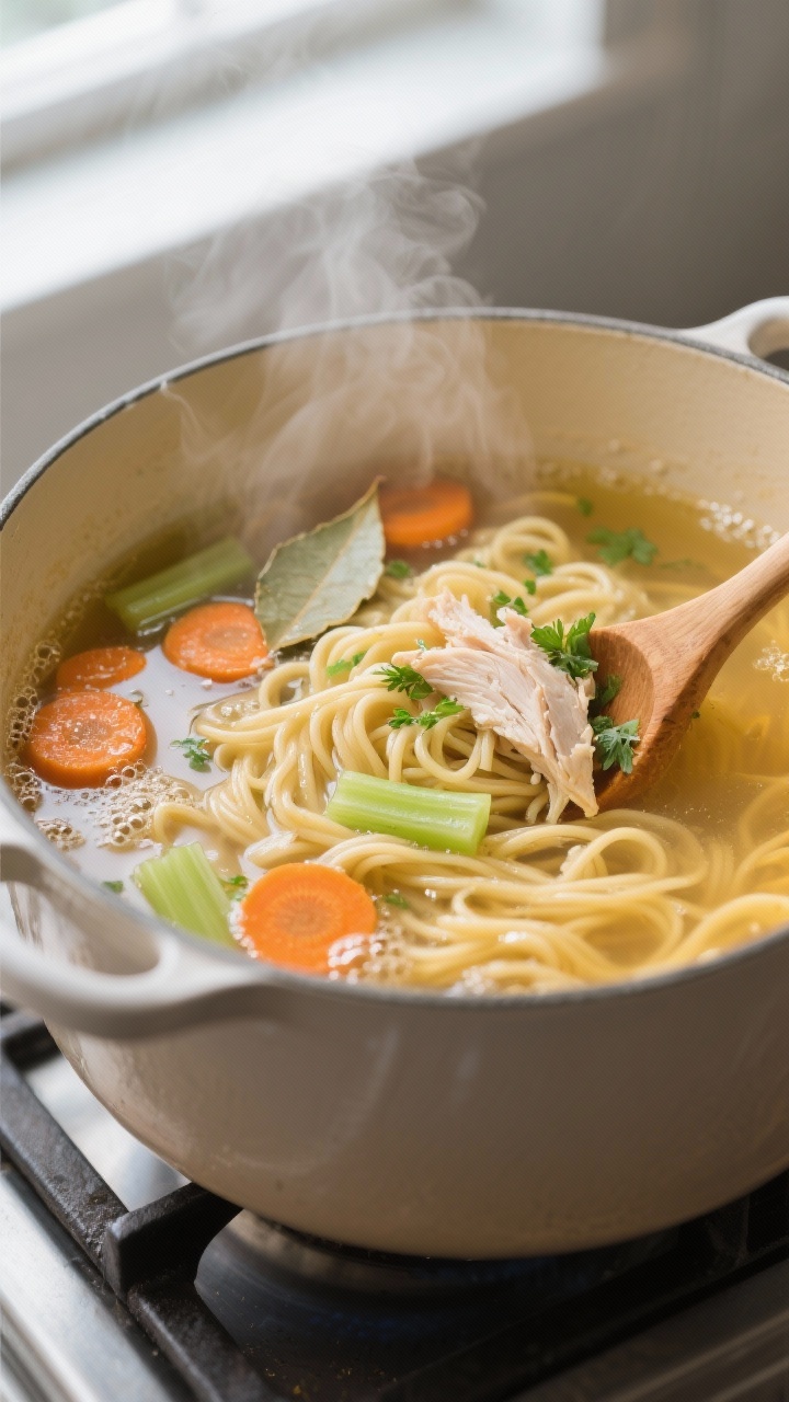 Cooking process of healthy chicken noodle soup