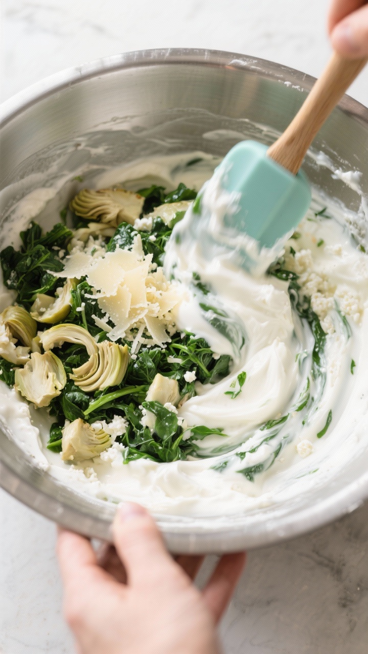 Cooking process of high protein spinach artchoke dip