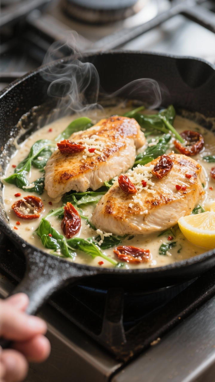 Cooking process, skillet of creamy tuscan chicken
