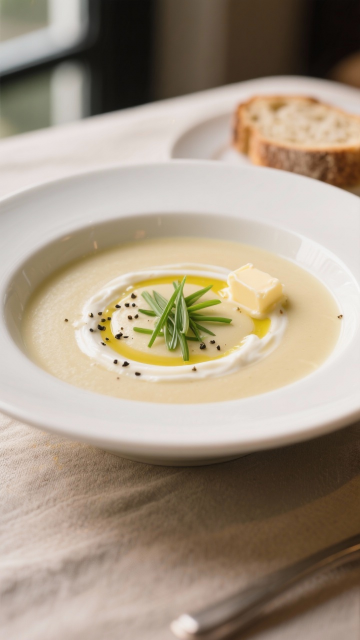 Final dish, plated presentation of potato leek soup