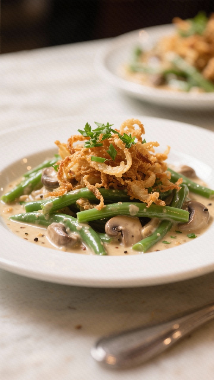 Final dish presentation of slow cooker green bean casserole