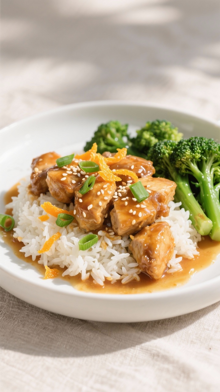 Final dish presentation of slow cooker orange chicken