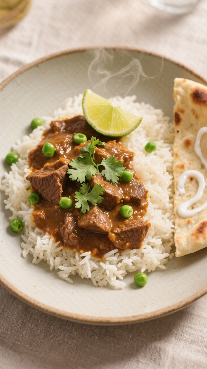 Final dish presentation of slow cooker beef curry