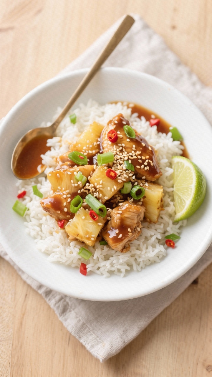 Final dish presentation of slow cooker pineapple chicken