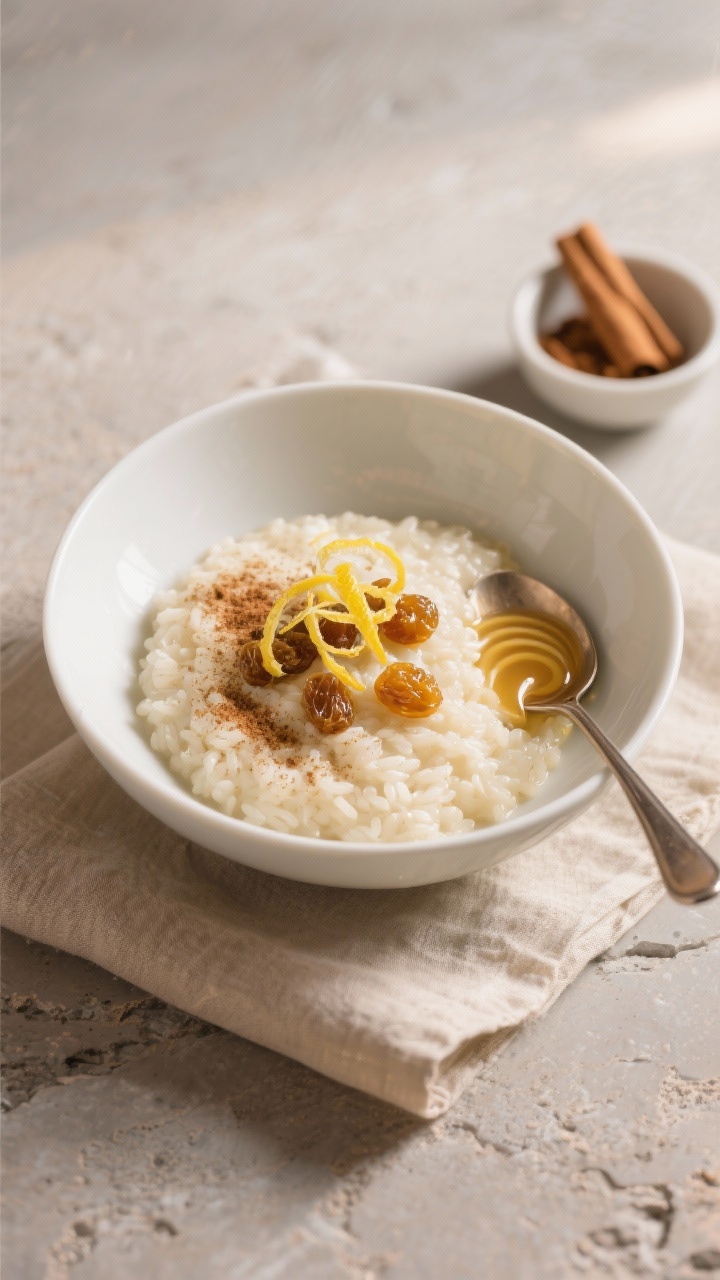 Final dish presentation: Beautifully plated warm slow cooker  rice pudding in a shallow white bowl, sprinkled wit