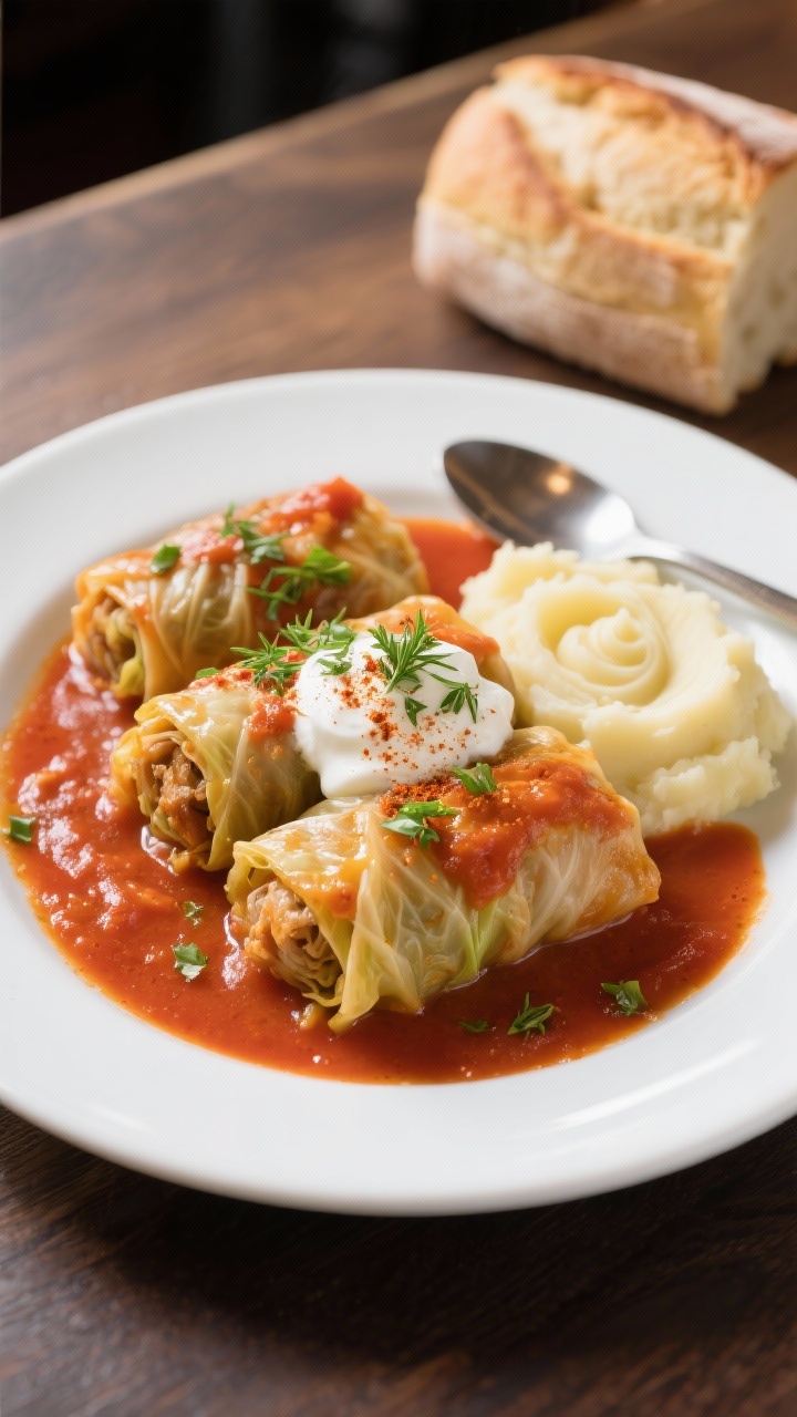 Final dish presentation of slow cooker cabbage rolls