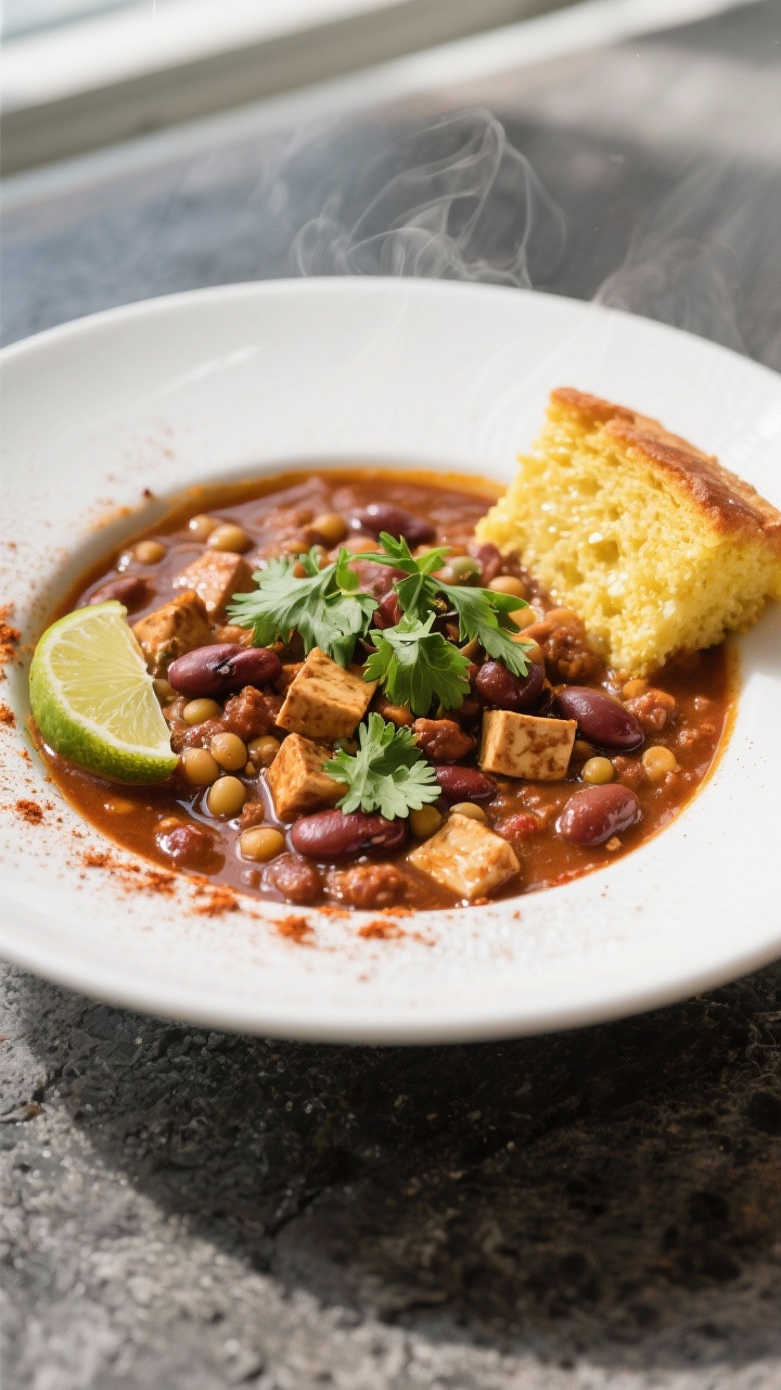 Final dish presentation of high protein vegan Chili