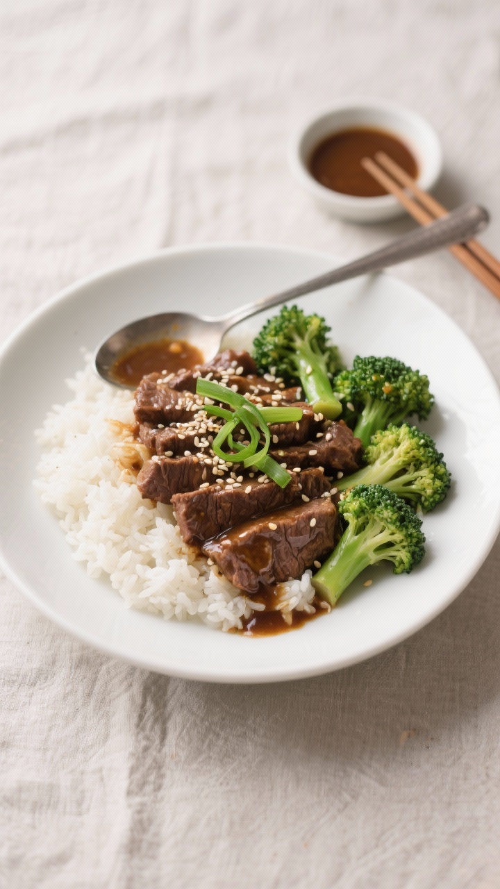 Final dish presentation of slow cooker beef and broccoli