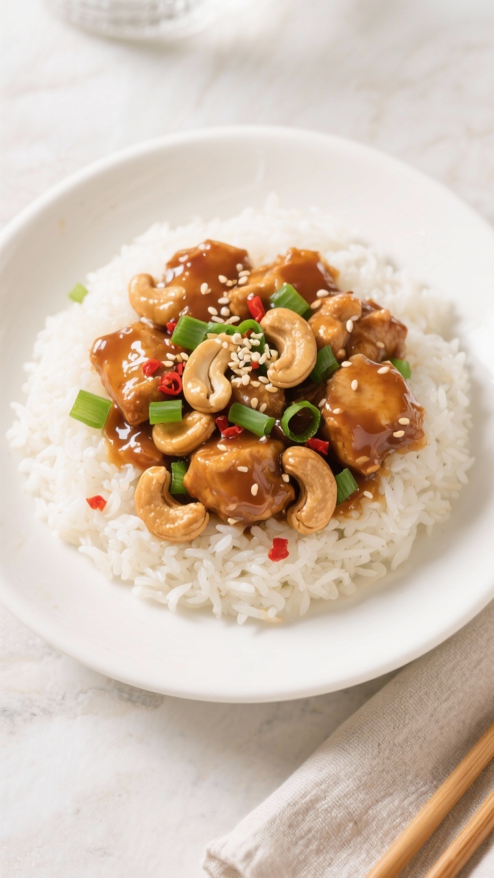 Final dish presentation of slow cooker cashew chicken