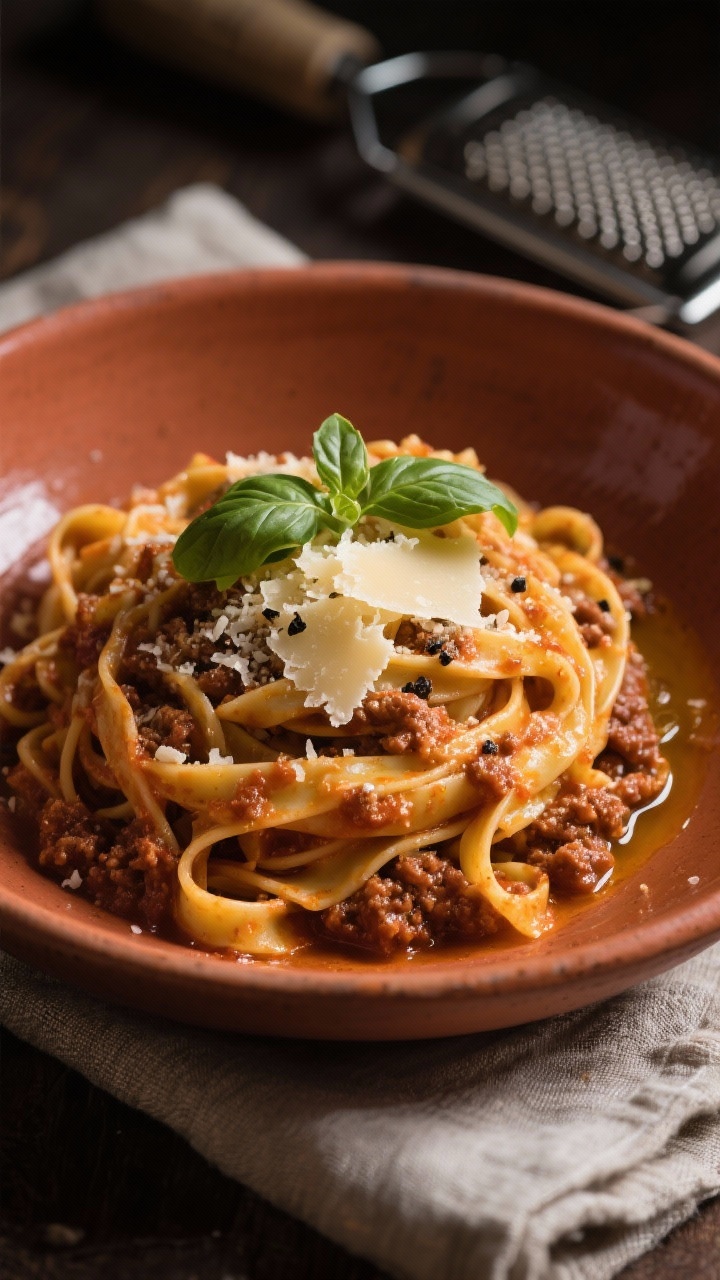 Final dish presentationslow cooker bolognese sauce on linguine
