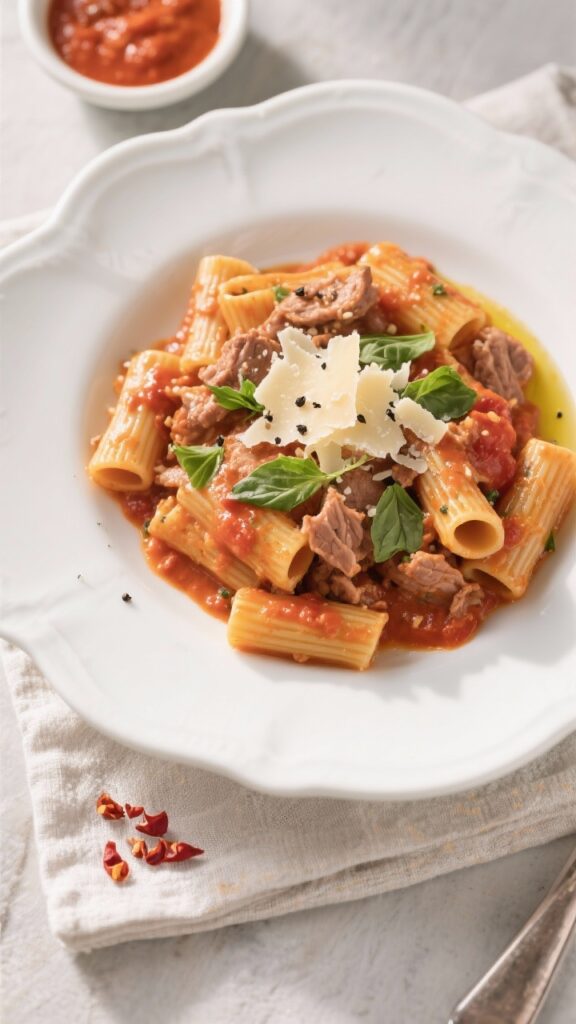 Final dish, restaurant-quality presentation: Beautifully plated rigatoni tossed in the high-protein