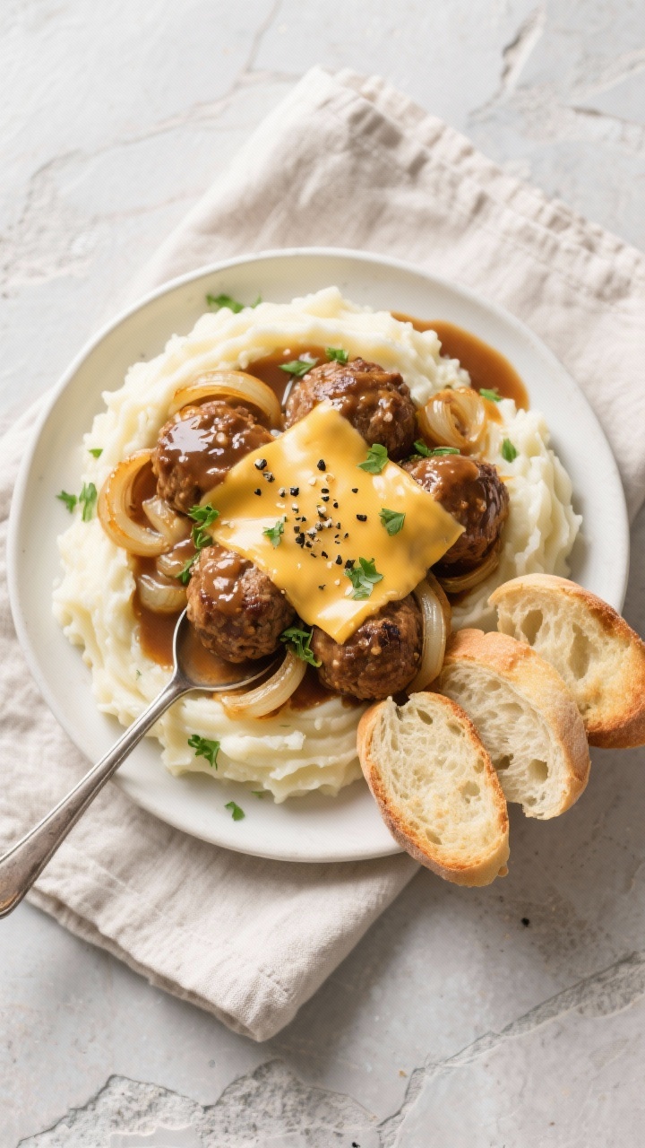 Final dish top view of slow cooker french onion meatballs