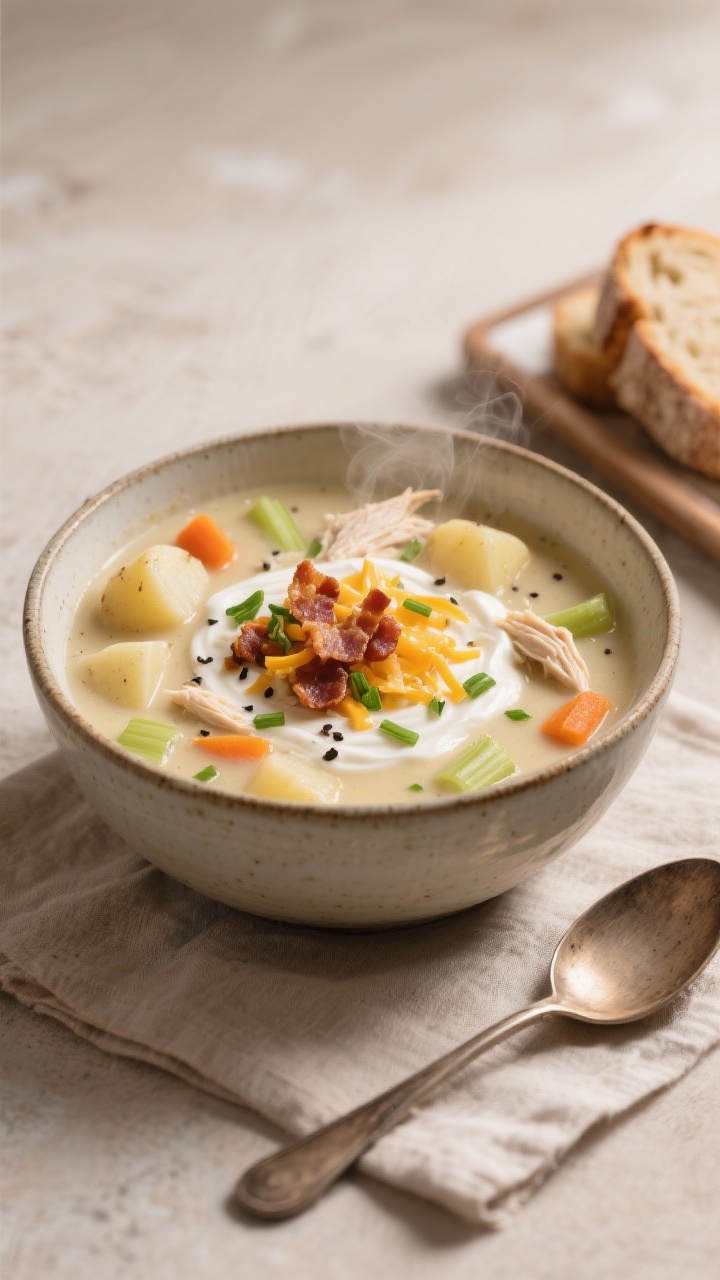 Final plated bowl potato soup with chicken