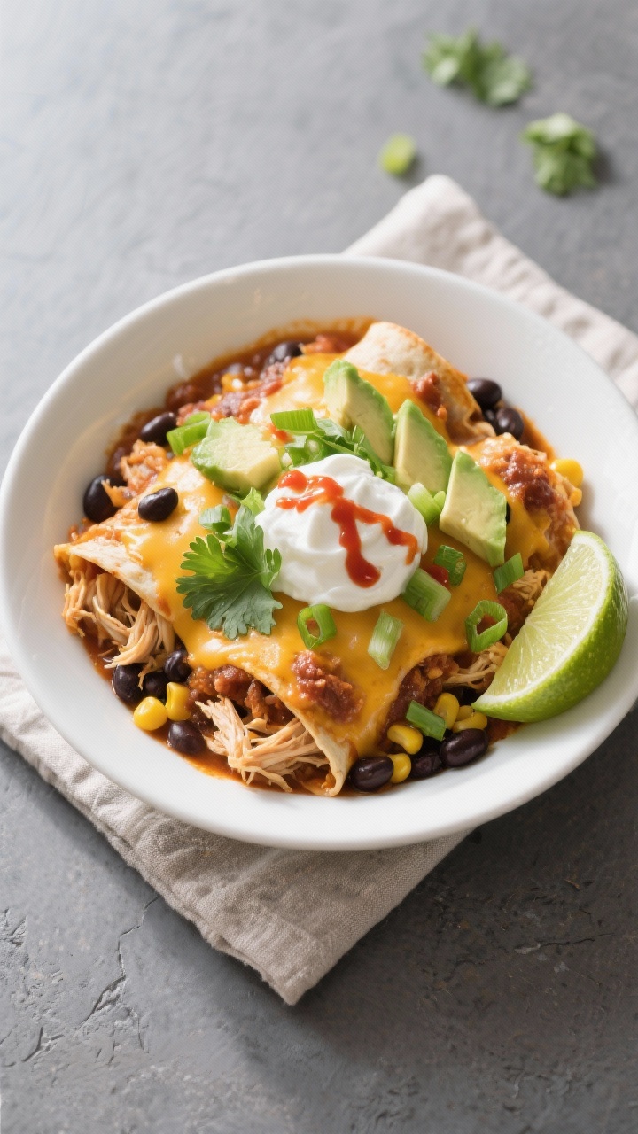 Final plated bowl of slow cooker enchilada casserole