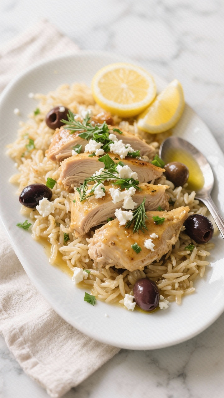 Final plated dish of slow cooker greek chicken