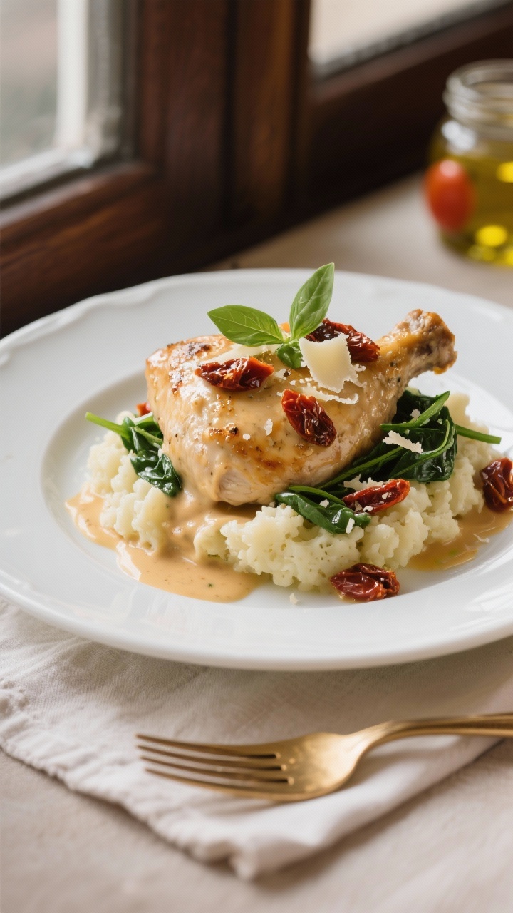 Final plated hero shot of creamy tuscan chicken