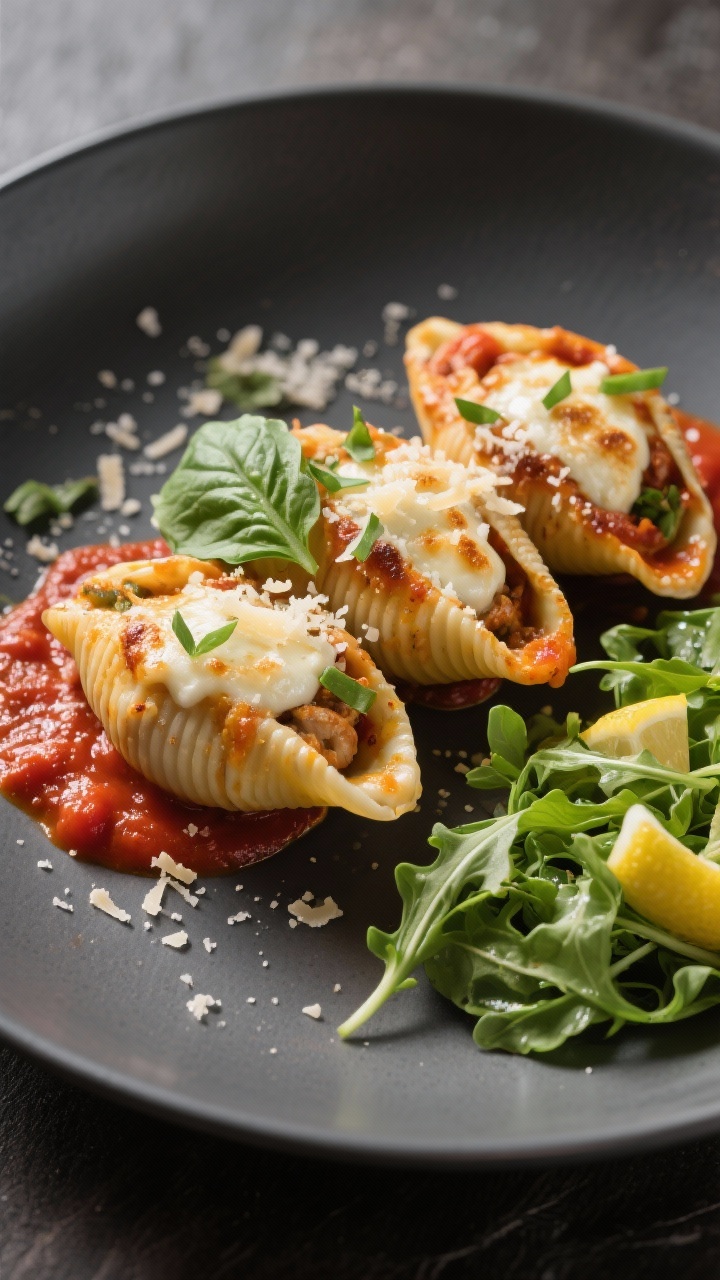 Final plated presentation: Restaurant-quality serving of three high protein stuffed shells on a matt