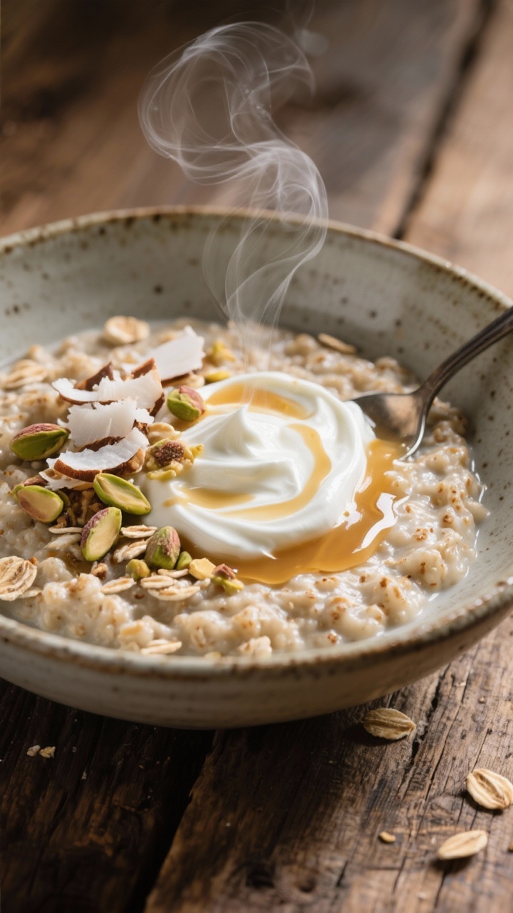 Final plated, restaurant-quality presentation: Beautifully plated high-protein oatmeal with a swirl 