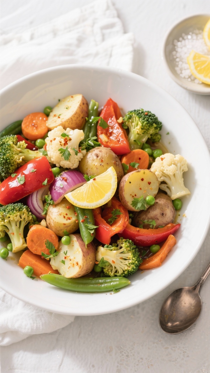 Final plated, top view: Tasty top-down shot of the completed Easy Slow Cooker Vegetables plated fami
