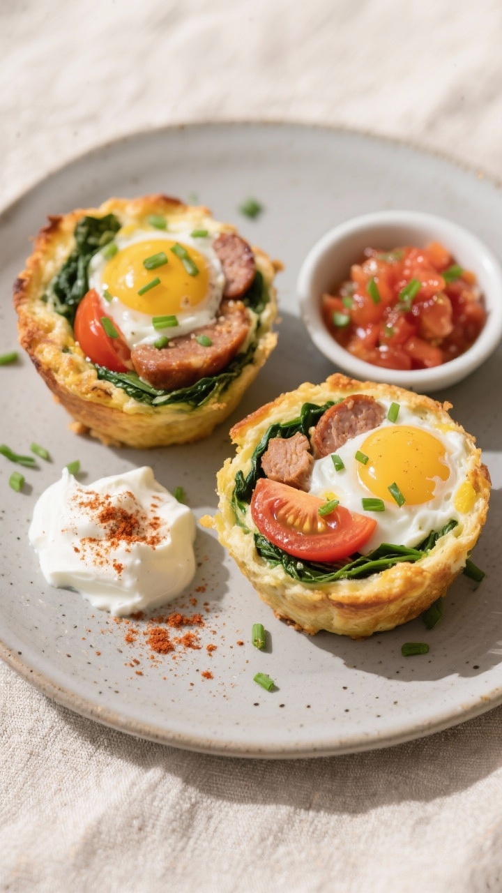 Final presentation: Restaurant-quality plate with two egg muffins sliced to reveal colorful layers o