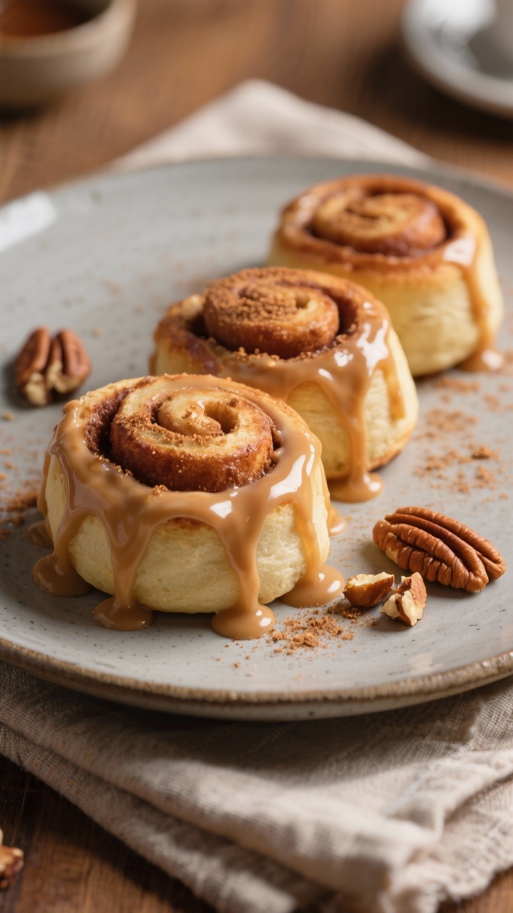 Final presentation shot: Three iced keto cinnamon rolls plated café-style on a matte stoneware plat