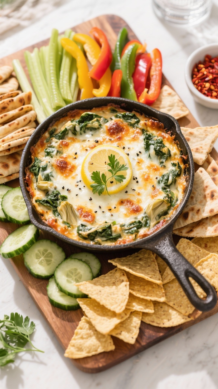 high protein spinach artchoke dip served with veggies and other appetizers