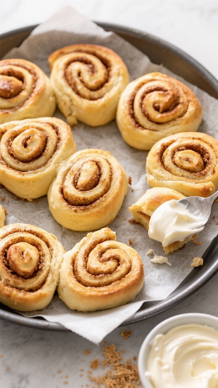 Overhead cooking-process shot: A 9-inch parchment-lined pan just out of the oven with 9–10 golden,