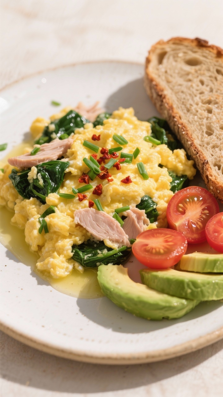 Overhead final dish of high protein egg breakfast