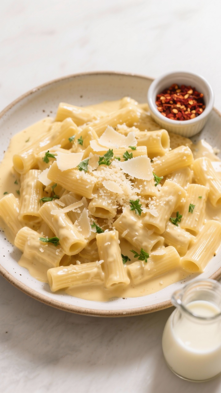 Overhead  shot of high protein alfredo sauce on pasta