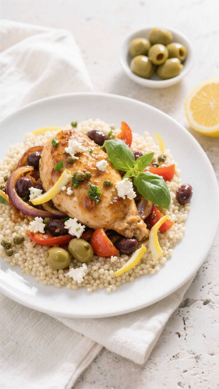 Overhead “tasty top view” of slow cooker mediterranean chicken
