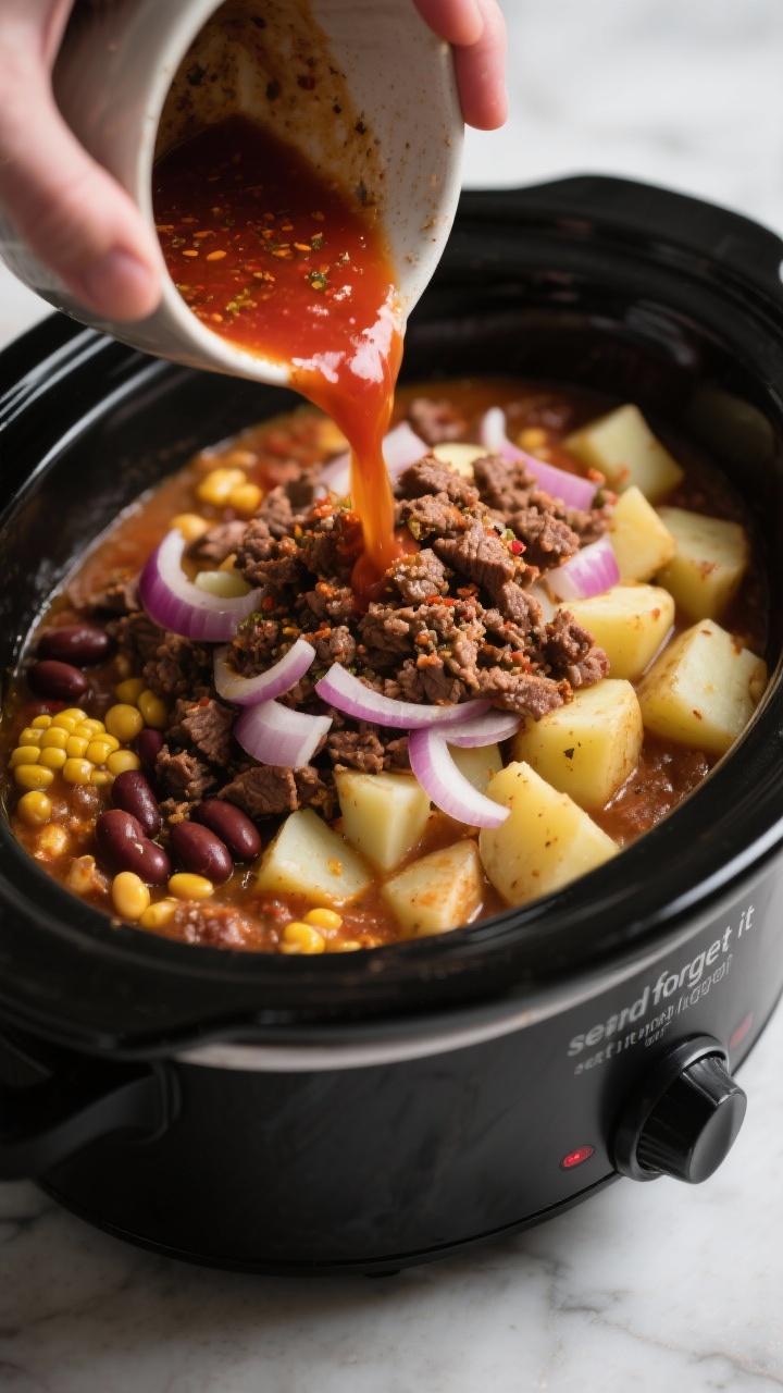 cooking process of slow cooker cowboy casserole