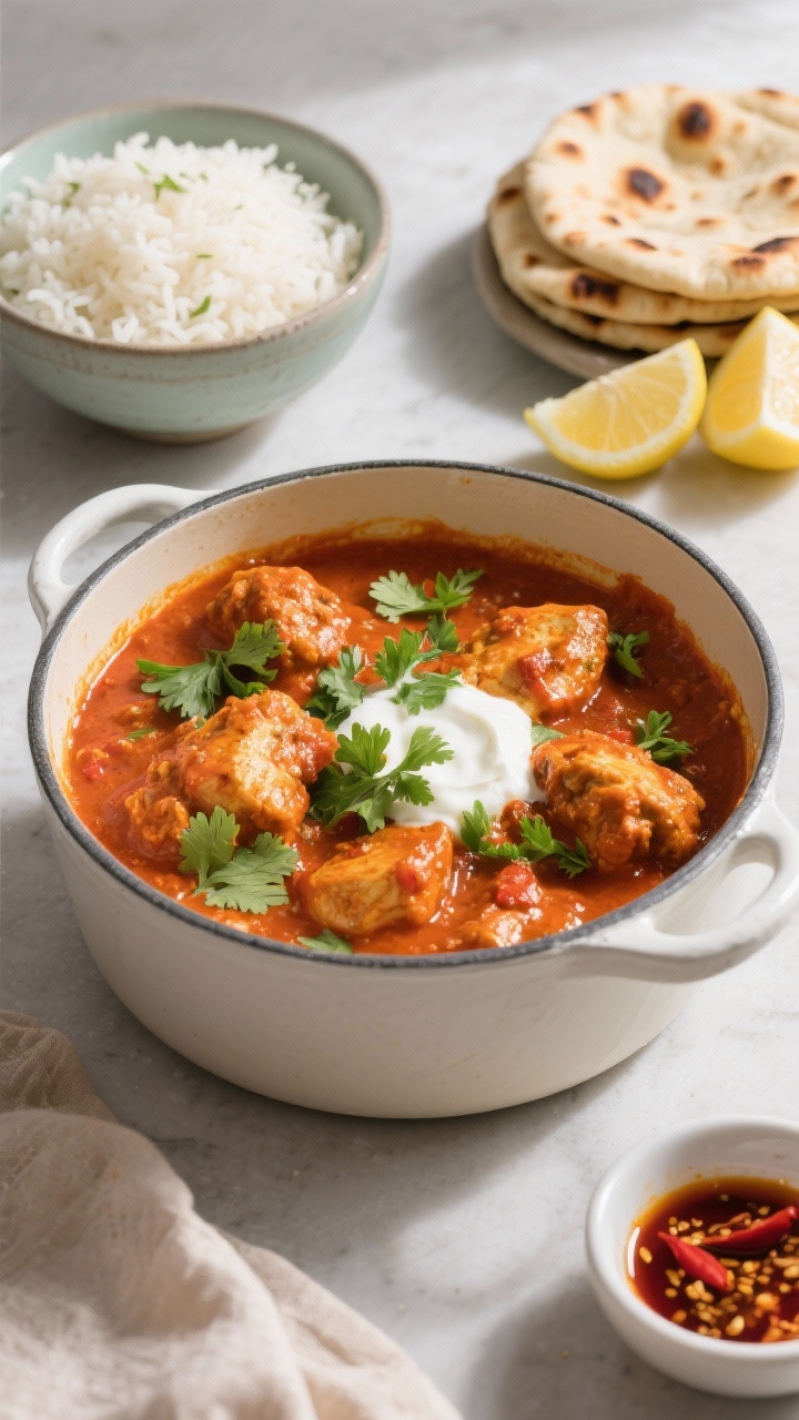 Tasty overhead top view of homemade chicken tikka masala