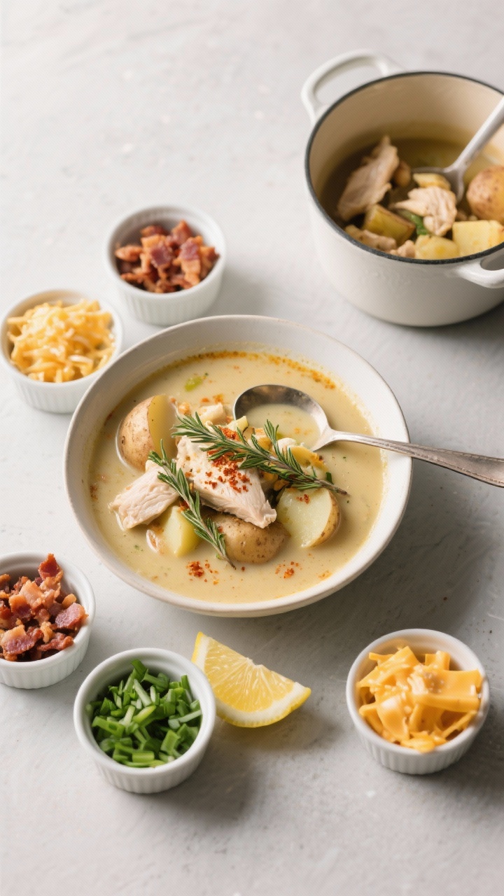 Tasty top-down overhead shot of potato soup with chicken