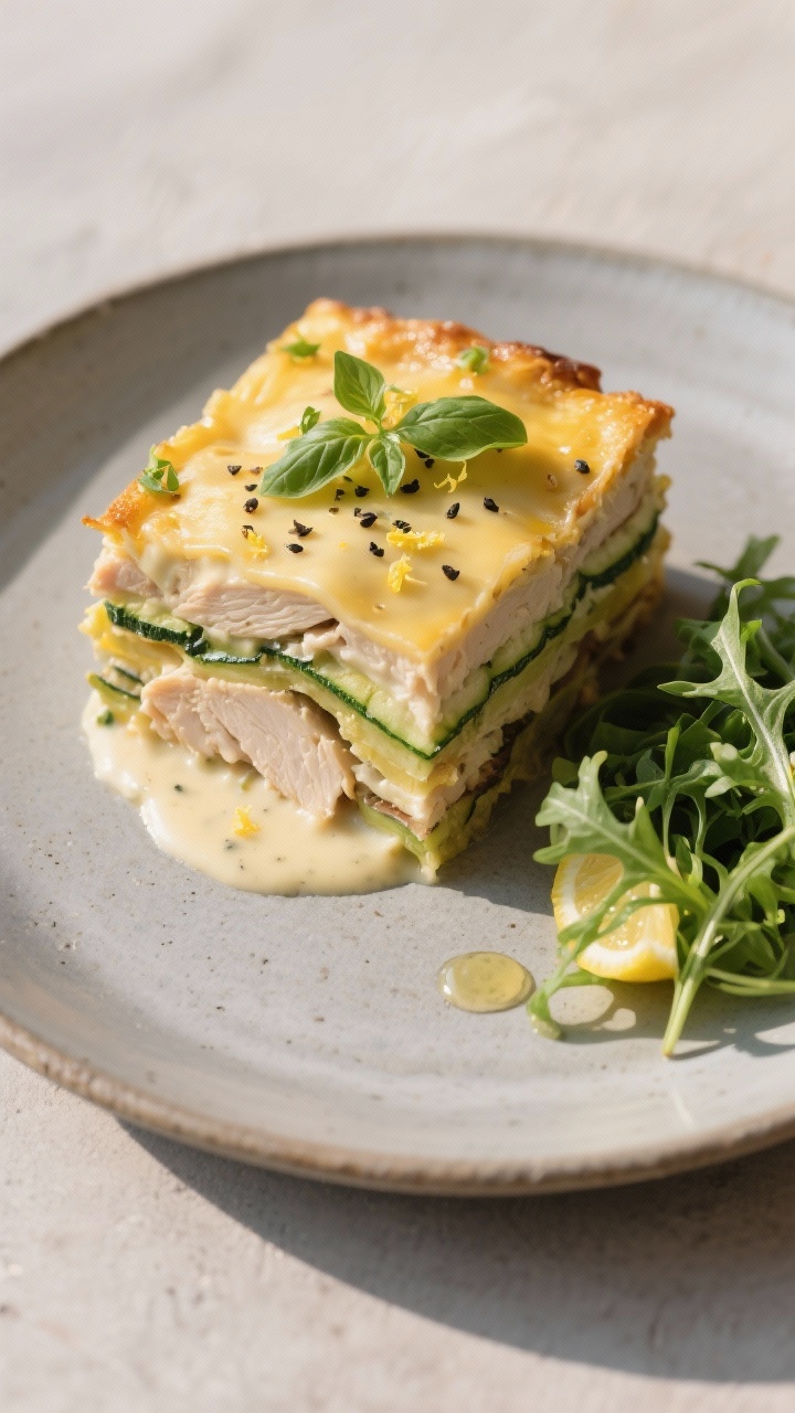 Tasty top view of baked chicken and zucchini casserole