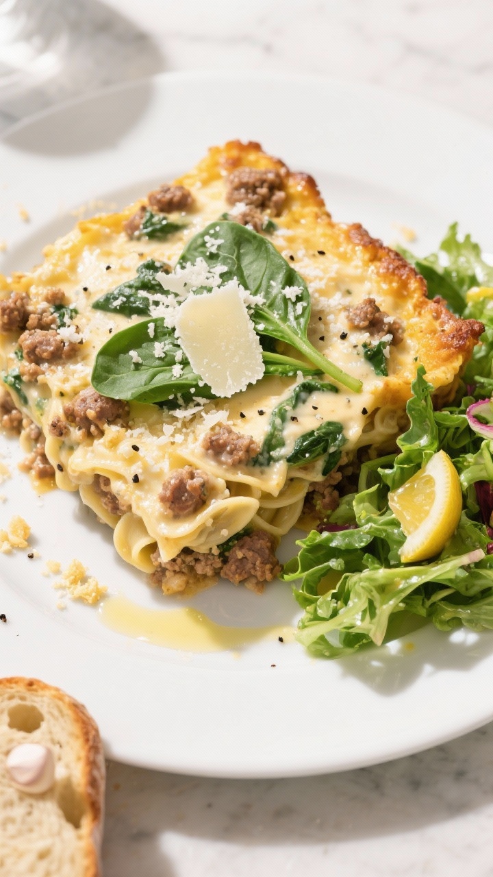 Tasty top view final plate: Overhead shot of ground sausage casserole