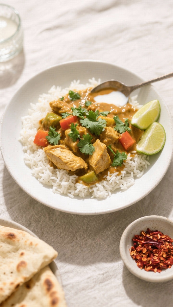 Tasty top view, overhead: Overhead shot of finished slow cooker curry spooned over fluffy basmati ri
