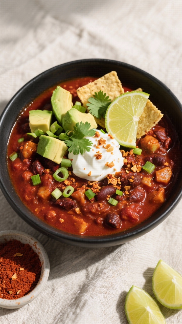 Tasty top view of high protein vegan Chili