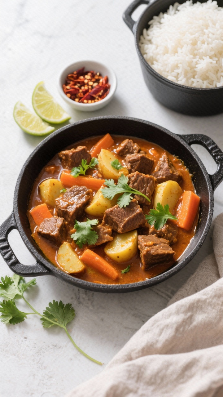 Tasty top view of slow cooker beef curry