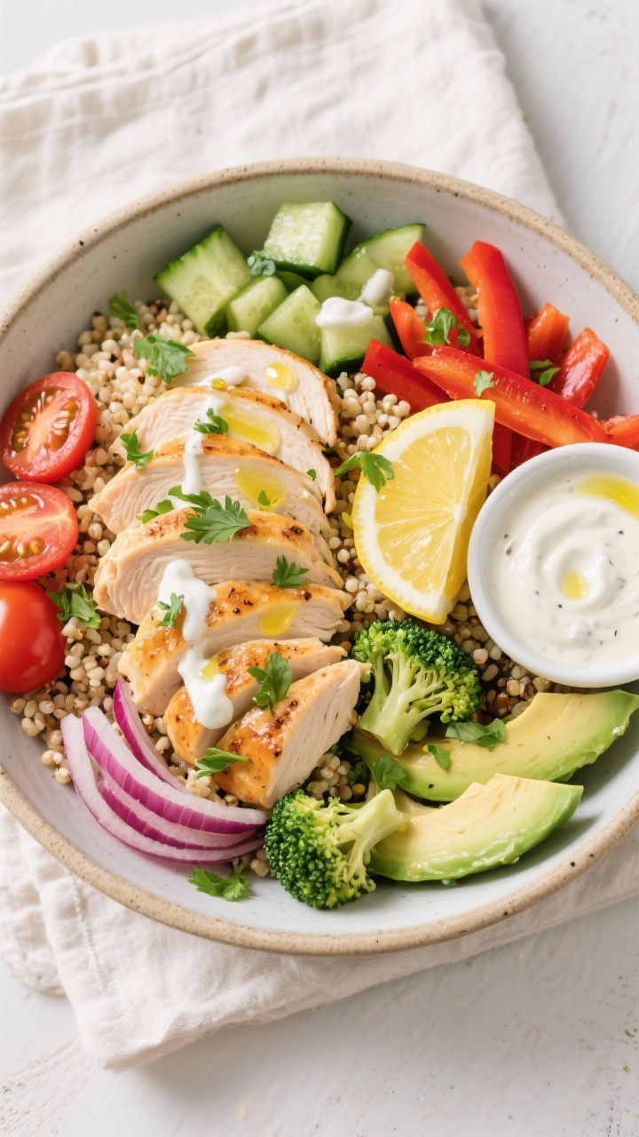 Tasty top view: Overhead shot of a fully assembled high-protein chicken bowl—fluffy quinoa base, f