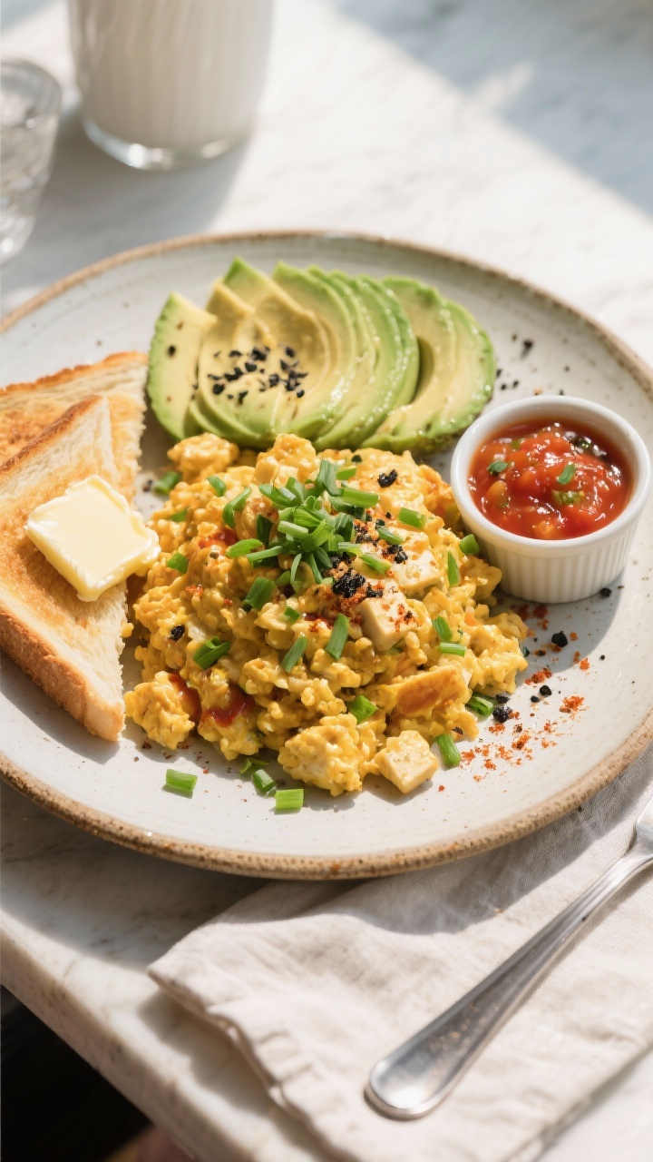 Tasty top view: Overhead shot of a vibrant tofu scramble breakfast plate—scramble mounded on rusti