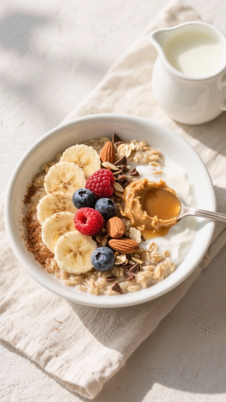 Tasty top view: Overhead shot of a warm bowl of high-protein oatmeal finished with sliced banana, fr